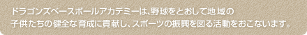 ドラゴンズベースボールアカデミーは、野球をとおして地域の子供たちの健全な育成に貢献し、スポーツの振興を図る活動をおこないます。